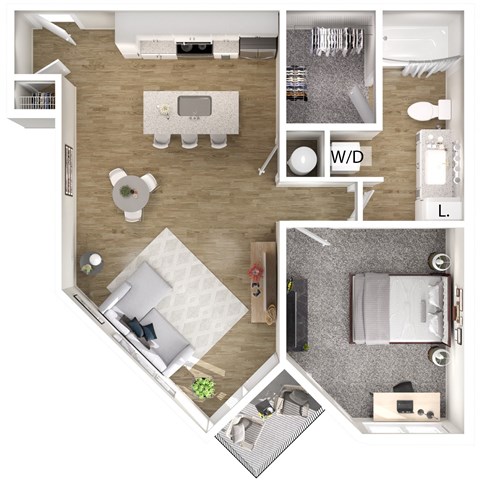 Floor plan for 1 bed, 1 bath, 711 sqft